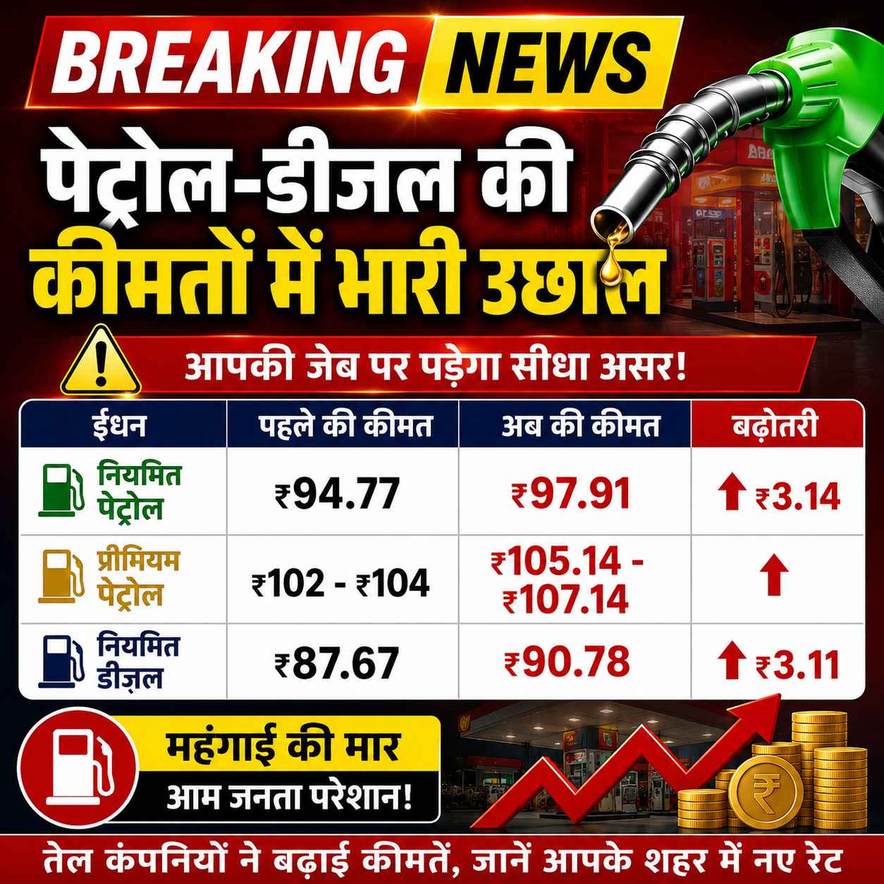 पेट्रोल-डीजल की कीमतों में भारी उछाल, जानिए अपने शहर का नया रेट